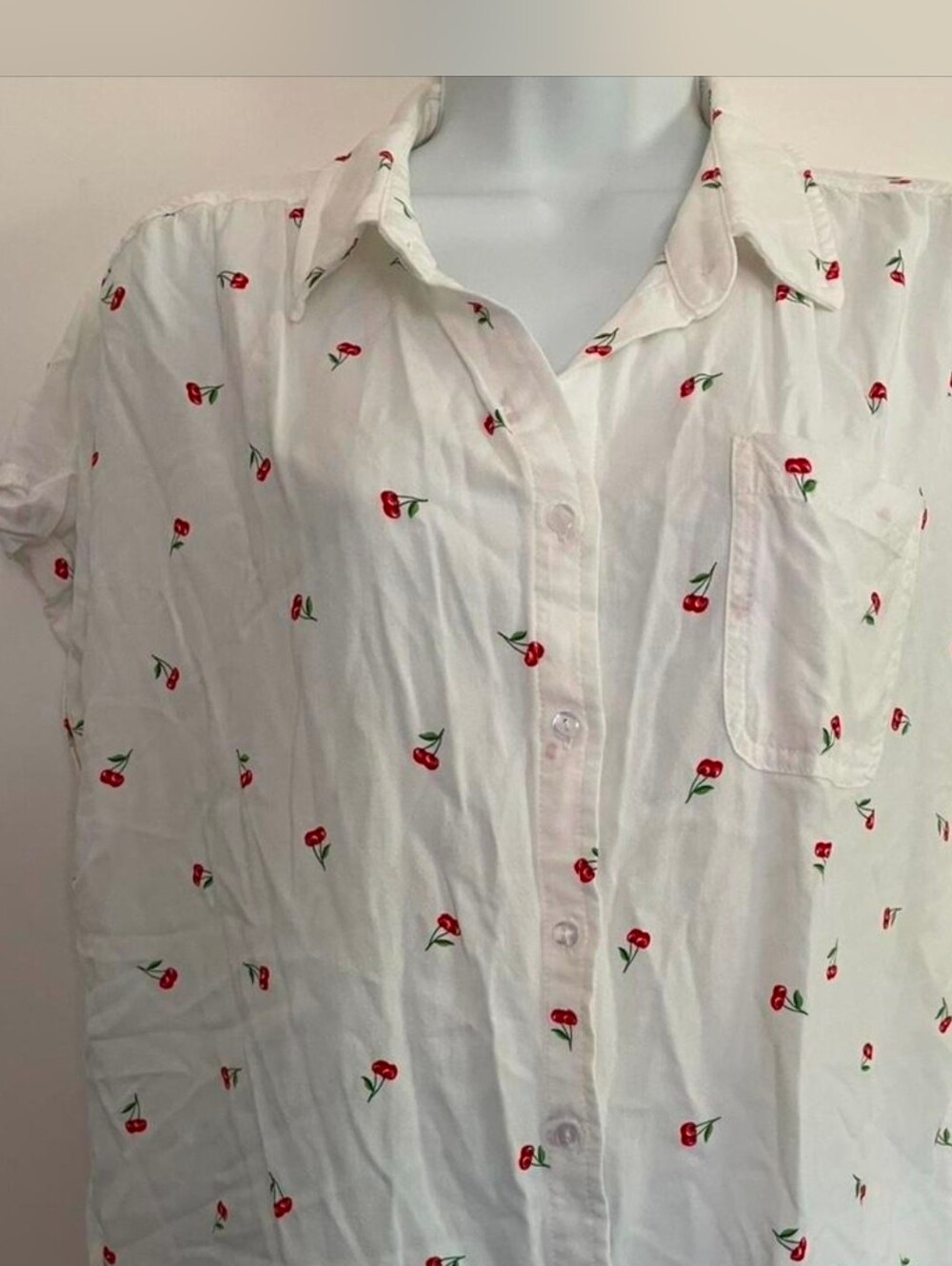 White Cherry Print Button-Up Shirt